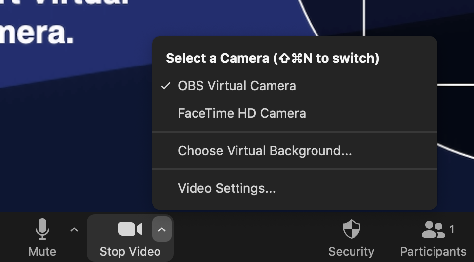 Selecting OBS Virtual Camera in Zoom